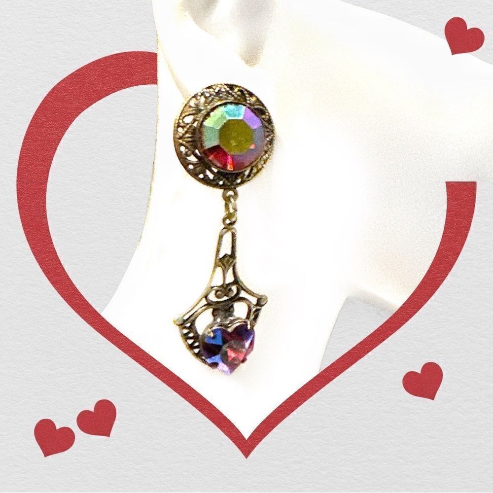 Banana Bob Red AB crystal heart dangle Edwardian pierced earrings ox gold